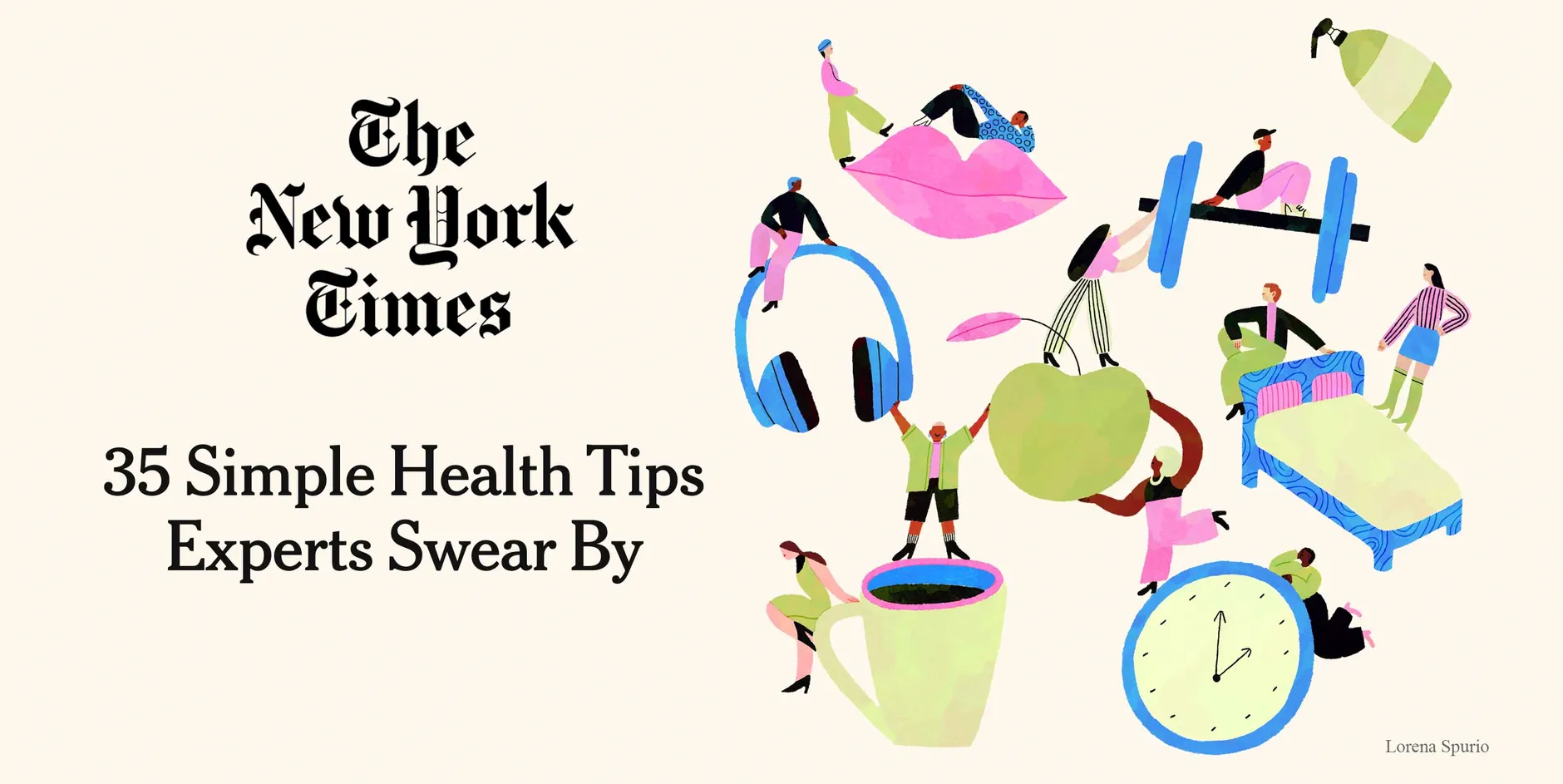 New York Times logo and illustration of people involved in various activities. Headline: 35 Simple Health Tips Experts Swear by